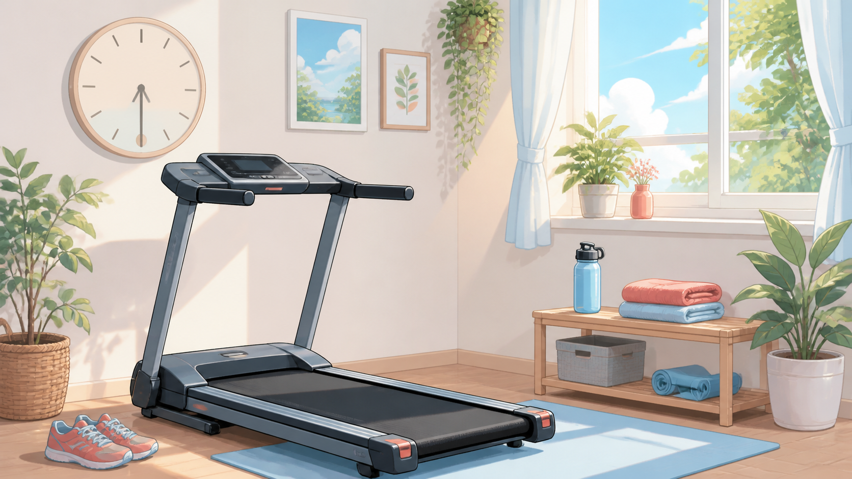 自宅で30分運動するルームランナーと時計のイラスト
