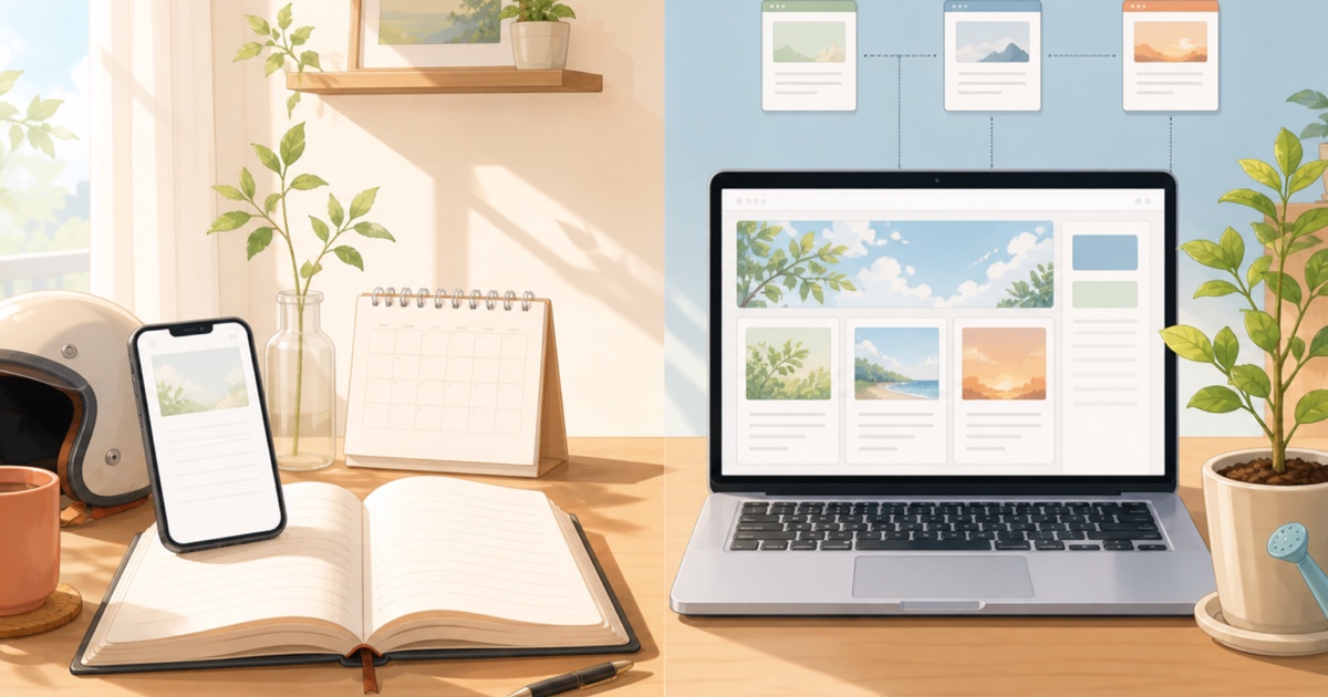 無料ブログの日記とWordPressで育てるサイトを比較したイラスト