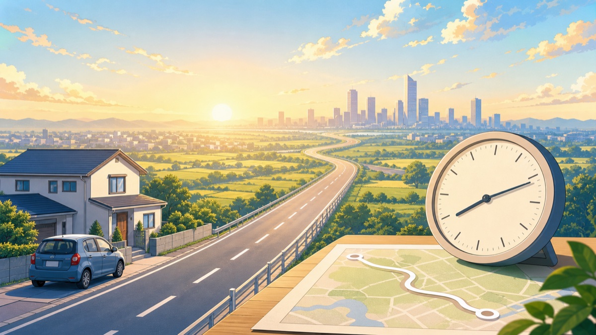 往復60kmの通勤ルートと大きな時計で、年間480時間の負担を表したイラスト